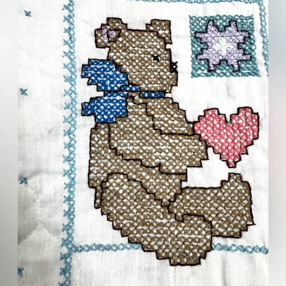 Hand Cross-Stitched Vintage Baby Blanket “Kelly Ann” Nursery Decor